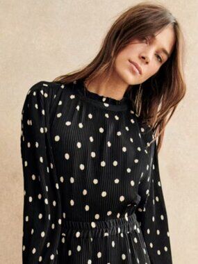 NWT Sezane Rosalinda Polka Dot Pleated Blouse - Size 8 (FR 40)